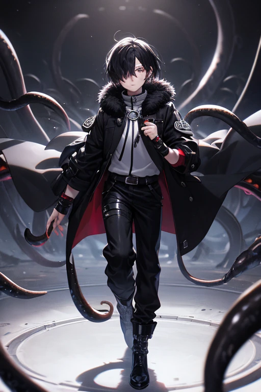 masterpiece, high quality, ultra detailed, 1man, solo, adult man, dark black short hair, his bangs cover his eye, mole under the lips, dark black eyes, grin mouth, white jacket, black T-shirt, black pants, white shoes, full body, Hirofumi Yoshida(chainsaw man), some octopus's arms behind back, lots of piercings on his left ear, dynamic angle, dark back alley, (perfect five fingers 1.1)