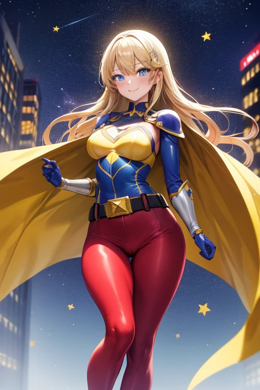 masterpiece, best quality, agrias, leotard, standing, looking at viewer, blonde hair, superhero, boots, city backdrop