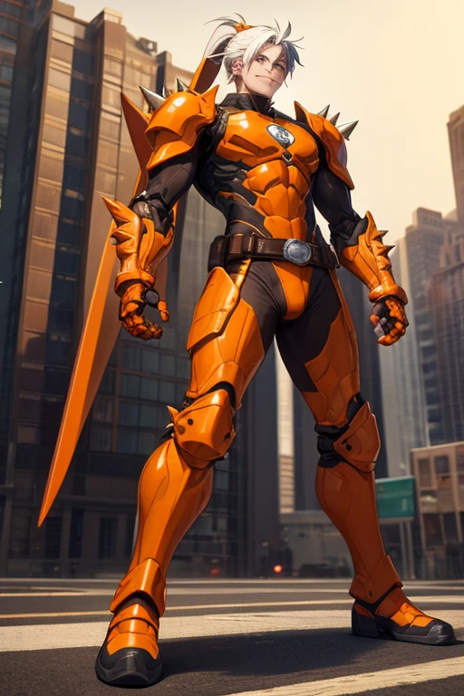 ((best quality)), ((masterpiece)), (detailed), 1 man, whole body, 54 years, Elderly, enmasmethoddo, mask, másmethod naranja que cubre la mitad de su method, masmethod con puas, malevolent smile, metal elf ears, cat eyes, glasses, white hair coming out of top, method, brown collar, high, very thin, stooped, metal claws like blades, spikes on the forearms, brown details, brown fingerless gloves, orange wristbands, orange nanotech suit that resembles light armor, orange bib with an emblem, high shoulder pads, orange suit with brown stripes, brown stripes, triangle emblem on his chest, orange emblem, orange pants, orange knee pads, metallic orange boots, metallic orange shoes,brown superhero belt, standing in a building, city background, anime