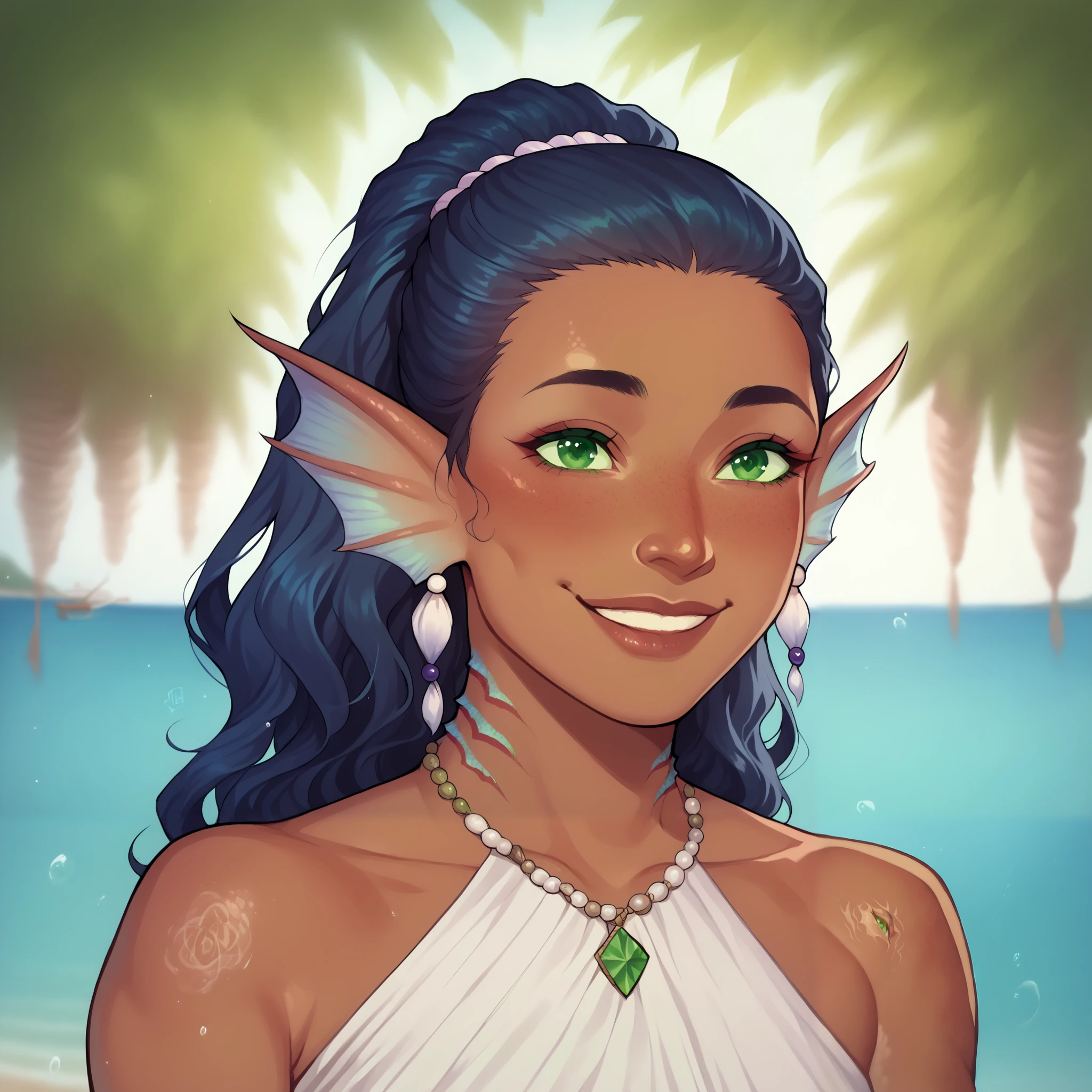 (((beautiful, high quality, comics style, detailed face))), score_9, score_8_up, score_7_up, BREAK, 22-year-old, (Maori girl:1.5, flat nose, dark skin), ((gills and fins, scales)), dark blue hair, wavy hair, long, and full hair, ((green eyes:1.5)), ((tender and charming smile, great smile, exudes joy)), ((action pose, playing a ukulele)), wearing a long-sleeved linen white dress, bare shoulders, (shell necklace), outdoor, fantasy beach background, blurred background, DeepNegative_xl_v1, zPDXL3, detailxl, Smooth Quality - Illustrious