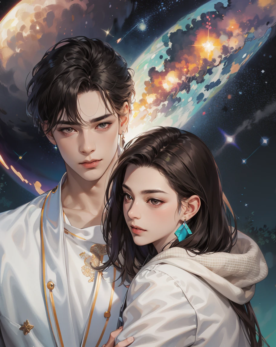 (detail-rich,超高分辨率,High-density radiographic reviews),A masterpiece, The best quality,Android game characters,Short hair, Handsome young boy, Beautiful girl,couple,ssmile,Sense of lens, Anime eyes, Mobile legendary heroes, Details, detailed character, space backdrop,starrysky