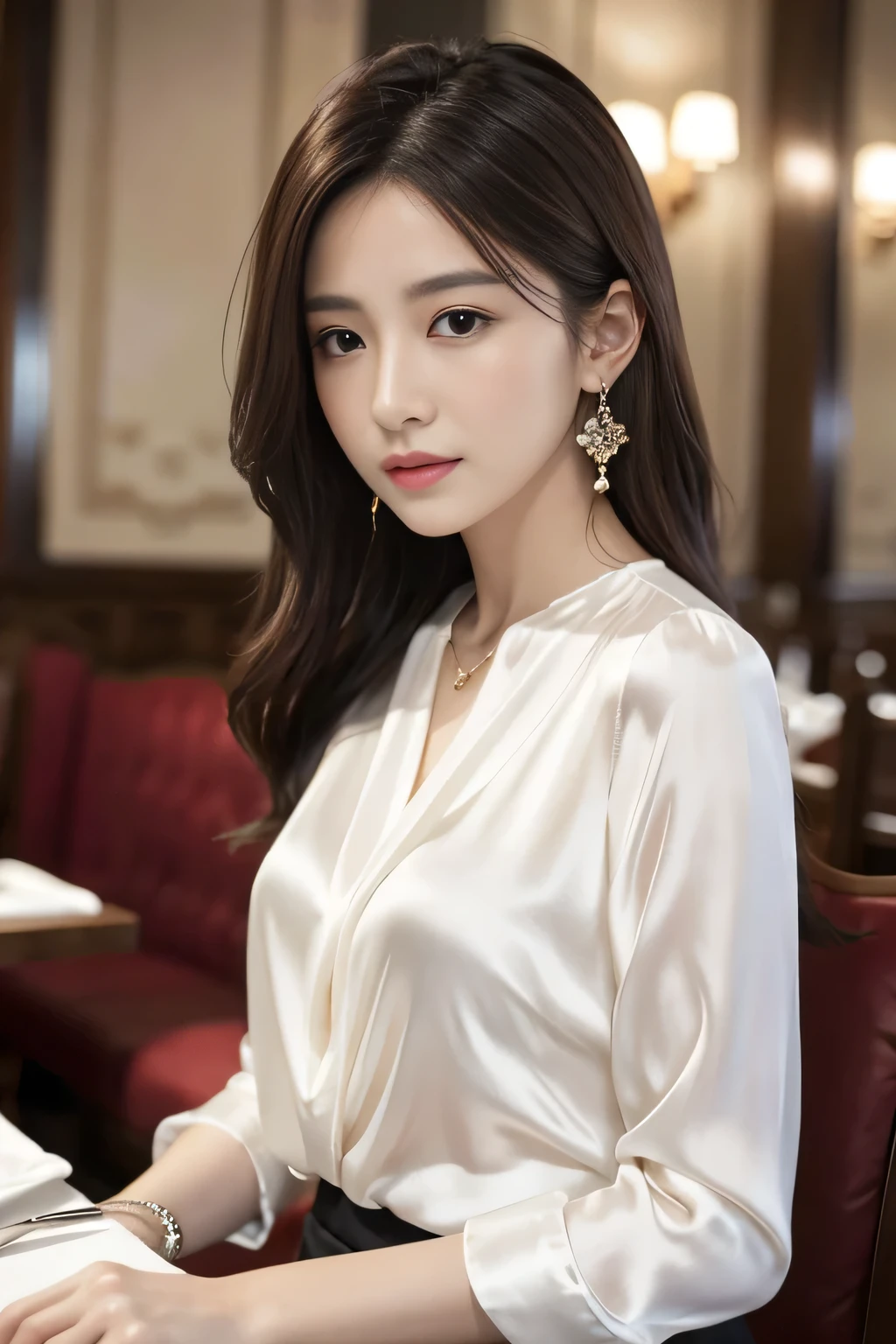 masterpiece, Highest quality, Realistic, Very detailed, Finer details, High resolution, 8k wallpaper, One beautiful woman, Wear an elegant silk blouse, In a great restaurant, At night, Light brown messy hair, Perfect dynamic composition, Beautiful and beautiful eyes、Big earrings、whole body