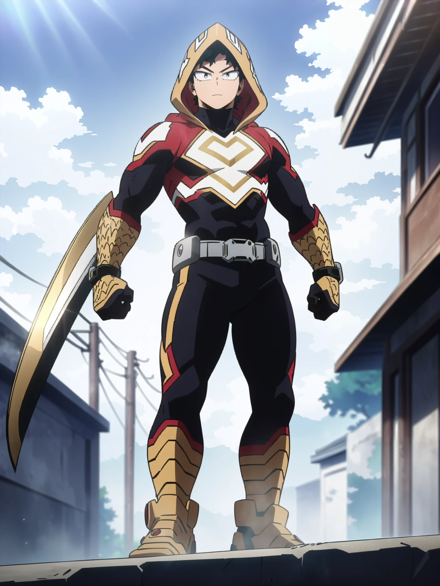 (masterpiece, best quality, anime, anime coloring:1.3). Full Body an Handsome Japanese hero. His suit should be gold and silver metallic micro scales textured ninja tight fit hooded spandex, . He should have a special white circle logo with " koi"  design logo on his chest. Background should be white. Holding a magical katana sword,,Full body image should be generated. Fully Japanese look.

Daytime, detailed anime lighting, colorfull.

My Hero Academia character, MHA style, anime style, my hero academia, boku no hero academia, animated. Anime, Best Quality, Masterpiece, High Resolution, 4K, perfect body, perfect eyes, perfect eyes, Full Quality, colorfull, Looking at viewer, Anime, Anime Style, High Resolution.