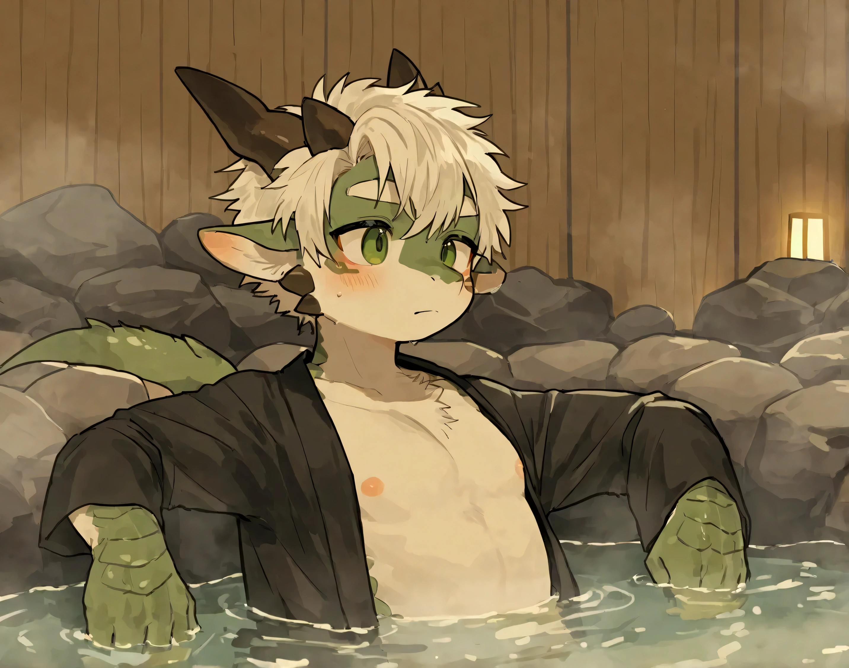 Oriental White Dragon(Species),Dark green eyes,Fit body,Dark personality,bath,Bulge in pants,blush,sweat,Slobber,muscle,Open your legs,Long neck,Milk flowing on face,Covered in milk,Shota,White,White袜子,open mouth,Stick out tongue and grow tail,