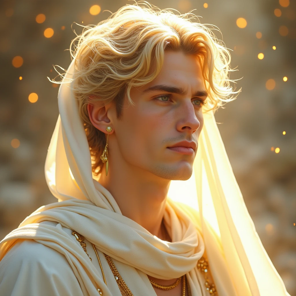 A young European man with medium white hair and blue eyes wearing a crown in a lush tropical garden, watching the landscape of a lake at sunset, wearing white medieval royal clothes, with a close-up capturing the harmonious beauty between his broad, slender and muscular body, showing his natural charm and outgoing personality sitting under a tree in autumn spreading its leaves.