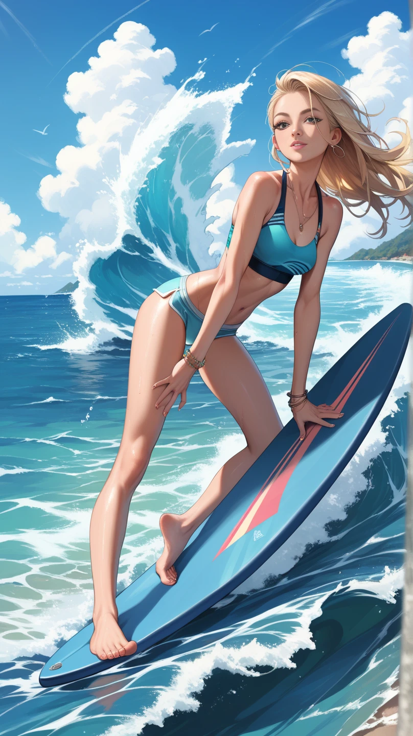 - ((hot blockbuster)), exquisite and detailed illustrations, cool and hot, sultry bikini figure, strong angle, strong elements ((1girl), buttocks), (bright yellow hair: 1.2+ shiny silver hair :1.3), chains, screen explosions, surfboards and sunlight. - Heaty light and shadow effects, eye-catching color combinations, depth of field effects, powerful light and shadow effects, sea jumping splashes, romantic sunsets, beach music , perfect skyline, howling wind.