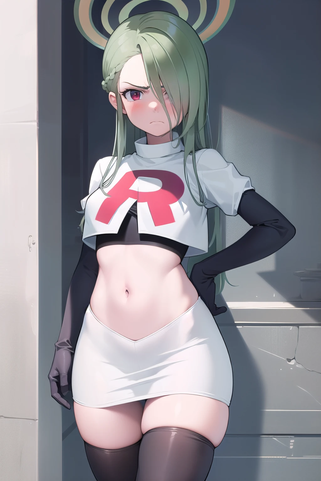 (masterpiece:1.3), (absurdres:1.3), (best quality:1.3), (ultra-detailed:1.3), 1girl, looking at viewer, minaid, halo, hair over one eyes, masterpiece, best quality, flayn, hair ornaments, furrowed brow, annoyed, team rocket,team rocket uniform,white skirt,red letter R,crop top,black thigh-highs,black elbow gloves