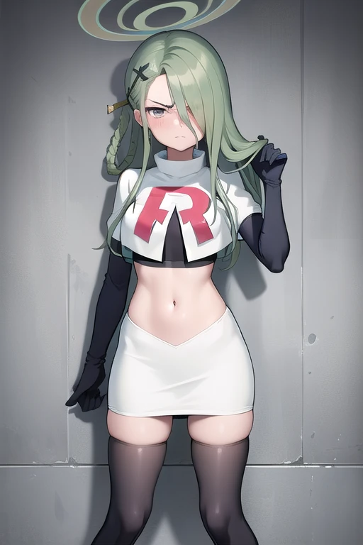 absurdres, best quality, 1girl, solo, eye focus, looking at viewer, rika, ahoge, ponytail, bright pupils, white pupils, earrings, green hair, red eyes, bright pupils, team rocket,team rocket uniform,white skirt,red letter R,crop top,black thigh-highs,black elbow gloves