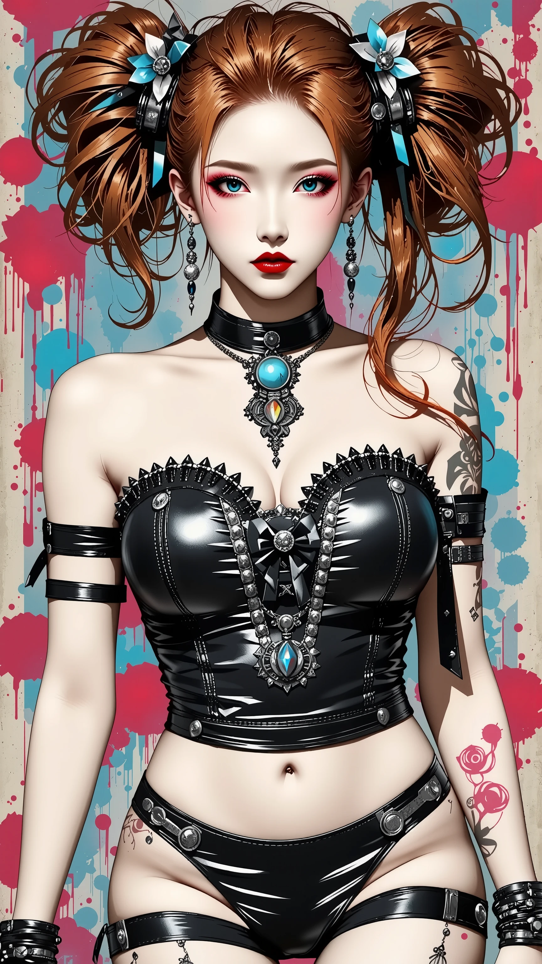 young korean girl, goth, very long curly red hair, twin tails, with gray eyes, she is wearing a tube top and panties, wears hair decoration, red lips, shiny skin, jewelry, shiny skin, huge breasts, cleavage, no background, blue background, red background, sexy, submissive, shy, heavy blushing, dynamic pose, sexy pose,
