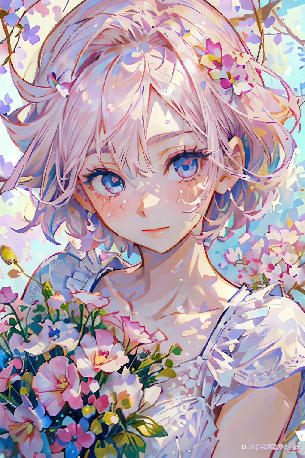 1girl,(((pink short  hair,blue eyes))),big breast,cleavage, close up face, from above,Cute and Tender Girl, (Beautiful and detailed face),smile,(hold sweet pea bouquet),(sweet pea),