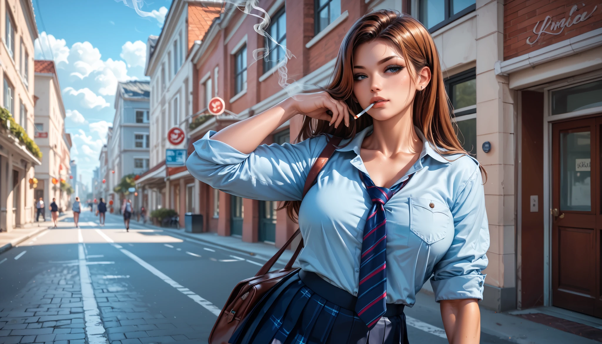 beautiful young girl in light blue shirt with rolled up sleeves walking and smoking on the shiny street, ((school uniform)), sassy, , muscular, ((blouse)), (light blue button down shirt), (collarbone), ((striped tie)), , (( pose)), short dark skirt, long brown hair, ((smoking)), smoke, bulging pocket, shiny street, JK