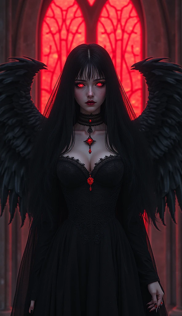 woman wearing a veil, ruby details, gloomy, dark atmosphere, red moon, ruby necklace, black nails, gothic makeup, cathedral, colorful, stained glass, art deco, ethereal, reflective, ornamental, dynamic , anime, lighting:1.2, masterpiece, dark angel, red eyes, wings