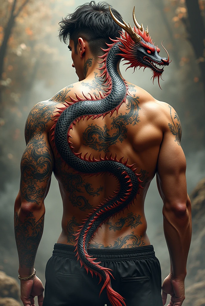 A vicious man turns his back to the viewer and flexes shirtless. He has extensive dragon themed tattoos.