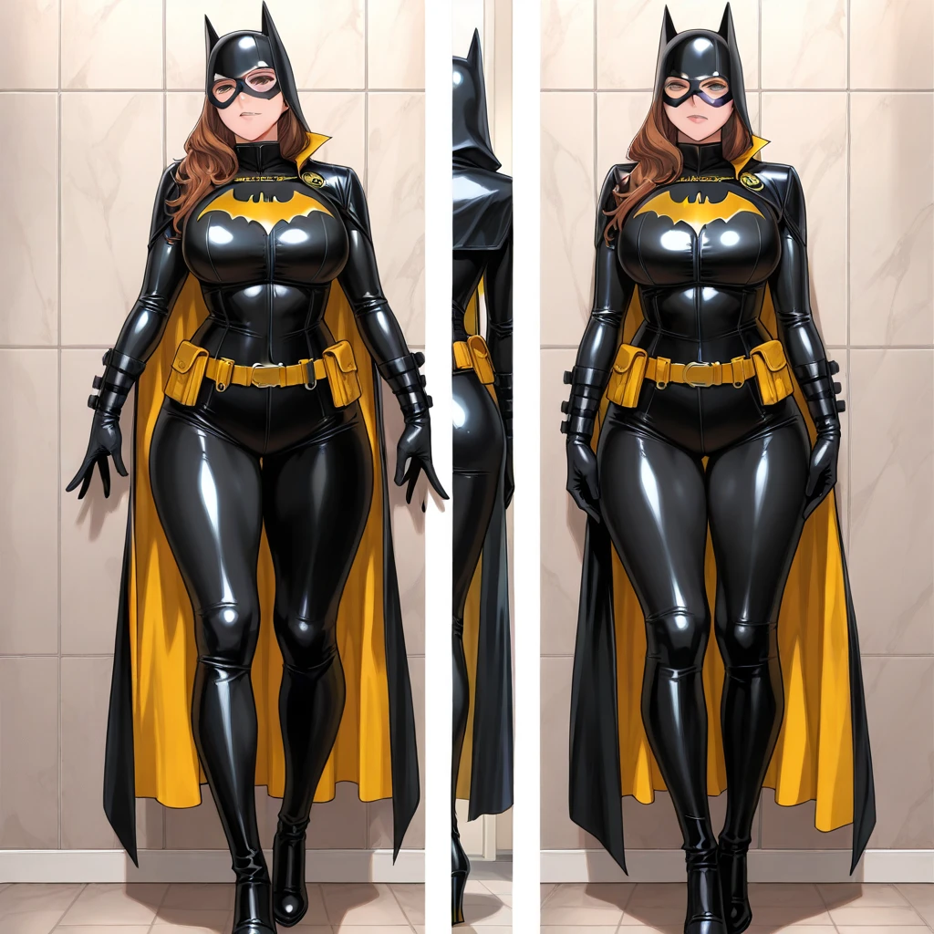 ((masterpiece)),(((best quality))),((character design sheet)), ((full body view)) illustration,1girl, muscular, ((blue bodysuit:1.5)), (masked face:1.6) (black mask:1.6) superhero, (black ponytail:1.4), (puffy lips:1.6) (black cape:1.4) beautiful woman, (small breasts:1.3)(black legs:1.3)shiny skin, (gold emblem on chest:1.2),scribbles and marks, rough sketches, pose, 8k,16k, (simple background, white background: 1.3)