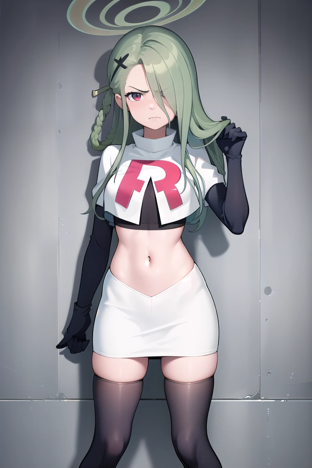 (masterpiece:1.3), (absurdres:1.3), (best quality:1.3), (ultra-detailed:1.3), 1girl, looking at viewer, minaid, halo, hair over one eyes, masterpiece, best quality, flayn, hair ornaments, furrowed brow, annoyed, team rocket,team rocket uniform,white skirt,red letter R,crop top,black thigh-highs,black elbow gloves