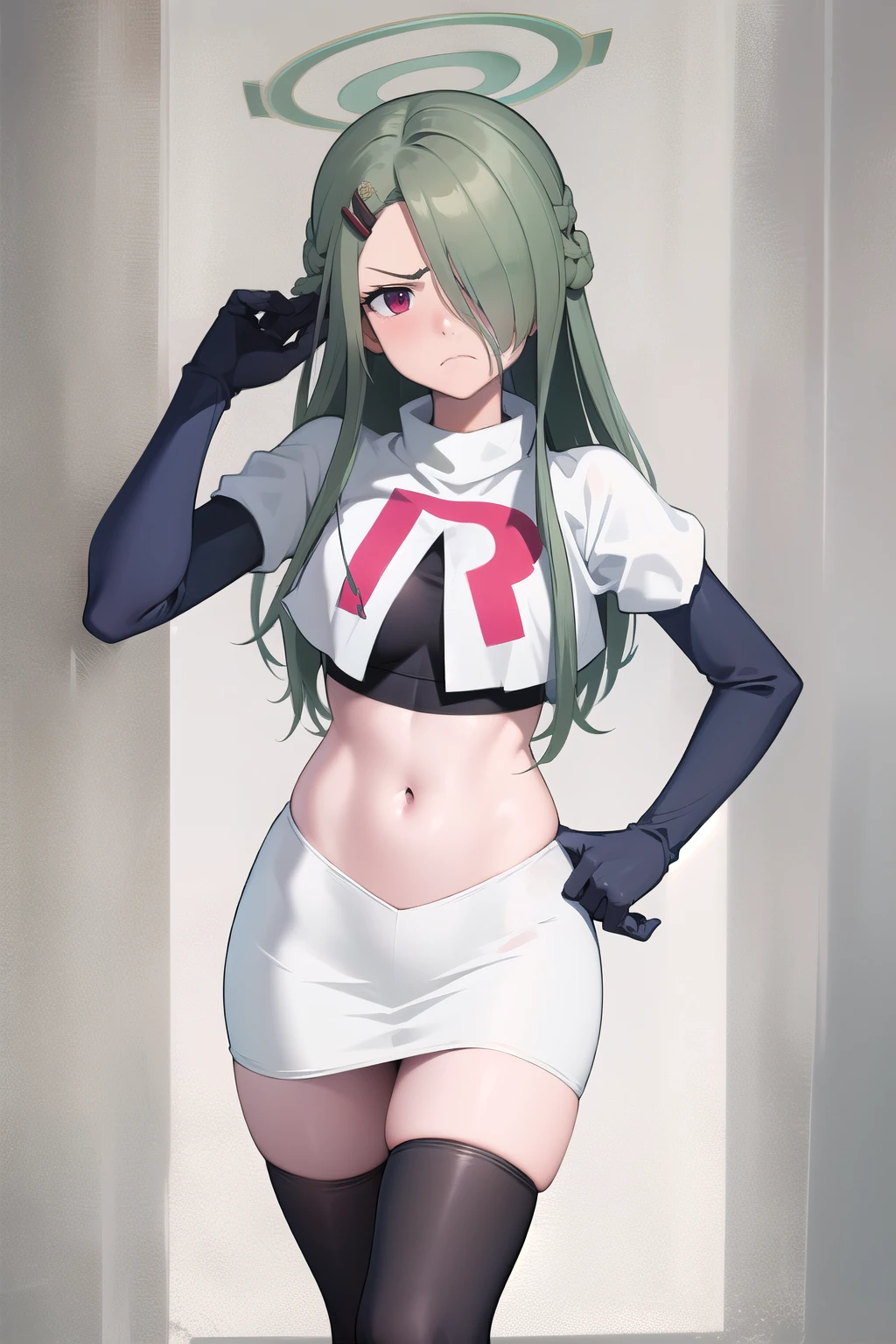 (masterpiece:1.3), (absurdres:1.3), (best quality:1.3), (ultra-detailed:1.3), 1girl, looking at viewer, minaid, halo, hair over one eyes, masterpiece, best quality, flayn, hair ornaments, furrowed brow, annoyed, team rocket,team rocket uniform,white skirt,red letter R,crop top,black thigh-highs,black elbow gloves