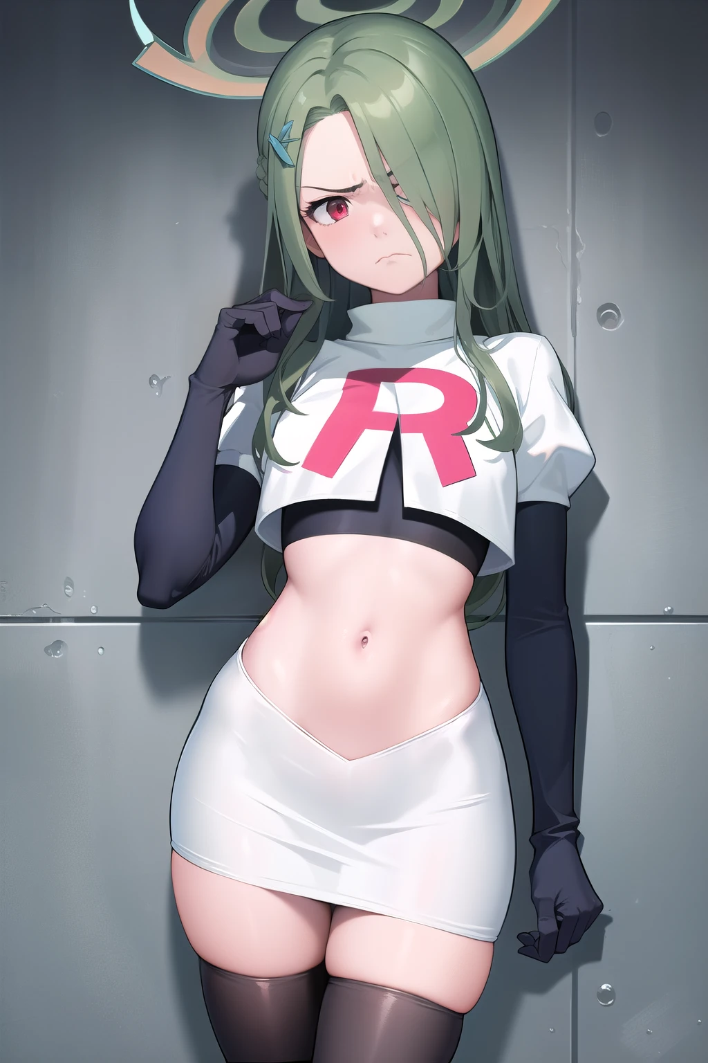 (masterpiece:1.3), (absurdres:1.3), (best quality:1.3), (ultra-detailed:1.3), 1girl, looking at viewer, minaid, halo, hair over one eyes, masterpiece, best quality, flayn, hair ornaments, furrowed brow, annoyed, team rocket,team rocket uniform,white skirt,red letter R,crop top,black thigh-highs,black elbow gloves