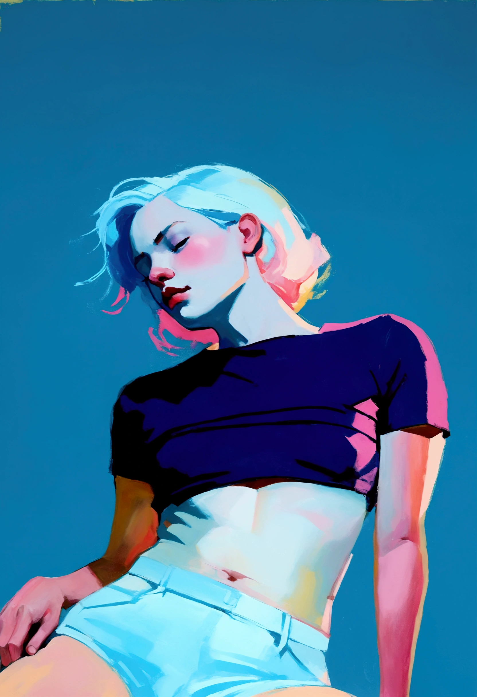 Create a portrait of a young woman in a semi-reclining pose with a pensive expression. Use a painterly style inspired by Malcolm Liepke, characterized by expressive brushstrokes and rich texture. evoking mystery and confidence. Use thick, textured brushstrokes and a rich, layered color palette dominated by cool blues and greens, contrasted with warm pinks, yellows, and deep reds. Emphasize the physicality of the subject with exaggerated, painterly strokes, focusing on light and shadow to sculpt the face . Pay attention to the contrast between the smooth, detailed rendering of the face and the rough, textured application of paint in the surrounding areas. Capture the delicate balance of vulnerability and strength in the subject's gaze and posture