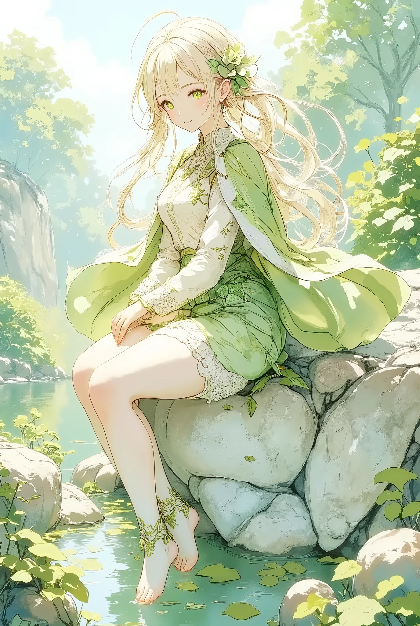 (Masterpiece:1.3,  Top Quality :1.3,  detailed depiction  :1.3,  HD :1.3, High Quality Anime Painting  ),2girl break ( 1girl , Elven Swordsman, Flying Cape, breastplate, like々Shiny Green Dress ,  Swaying Skirt ,  is smiling, whole body,  is sitting, She's putting her foot in the lake water,  thighs,  calves , Toes) break (background\Beautiful lakeside), (side view, Vision,  Fantasy Animated Art ,  fantastic use of colors,  Expression of the Highest Colors ,  Incredibly Beautiful Color Expression ,  Pale and Gentle Watercolor Art , Beautiful expression of light) 