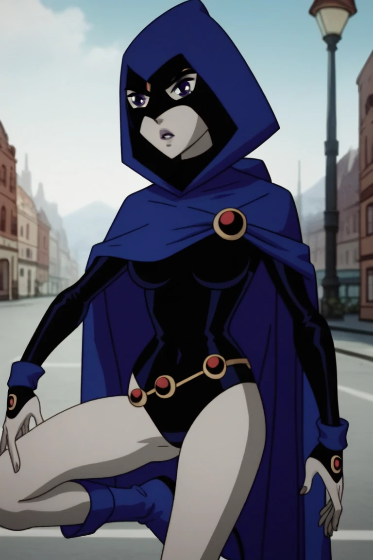 RavenTT, 1girl, solo, breasts, hood, purple eyes, cape, grey skin, belt, superhero, medium breasts, looking at viewer, leotard, sky, cloak,city, score_9, score_8_up, score_7_up, score_6_up , sitting, on roof, spread legs, showing pussy, covered nipples, masturbation, grab breast, fingering pussy, bare feets