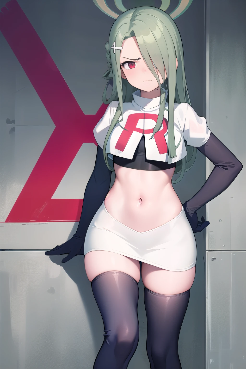 (masterpiece:1.3), (absurdres:1.3), (best quality:1.3), (ultra-detailed:1.3), 1girl, looking at viewer, minaid, halo, hair over one eyes, masterpiece, best quality, flayn, hair ornaments, furrowed brow, annoyed, team rocket,team rocket uniform,white skirt,red letter R,crop top,black thigh-highs,black elbow gloves