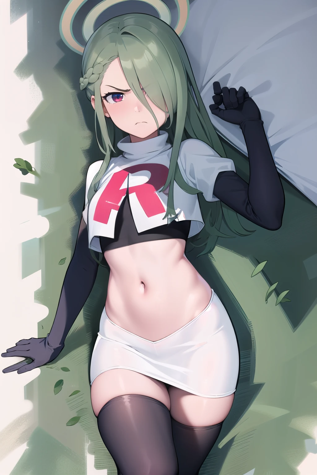 (masterpiece:1.3), (absurdres:1.3), (best quality:1.3), (ultra-detailed:1.3), 1girl, looking at viewer, minaid, halo, hair over one eyes, masterpiece, best quality, flayn, hair ornaments, furrowed brow, annoyed, team rocket,team rocket uniform,white skirt,red letter R,crop top,black thigh-highs,black elbow gloves
