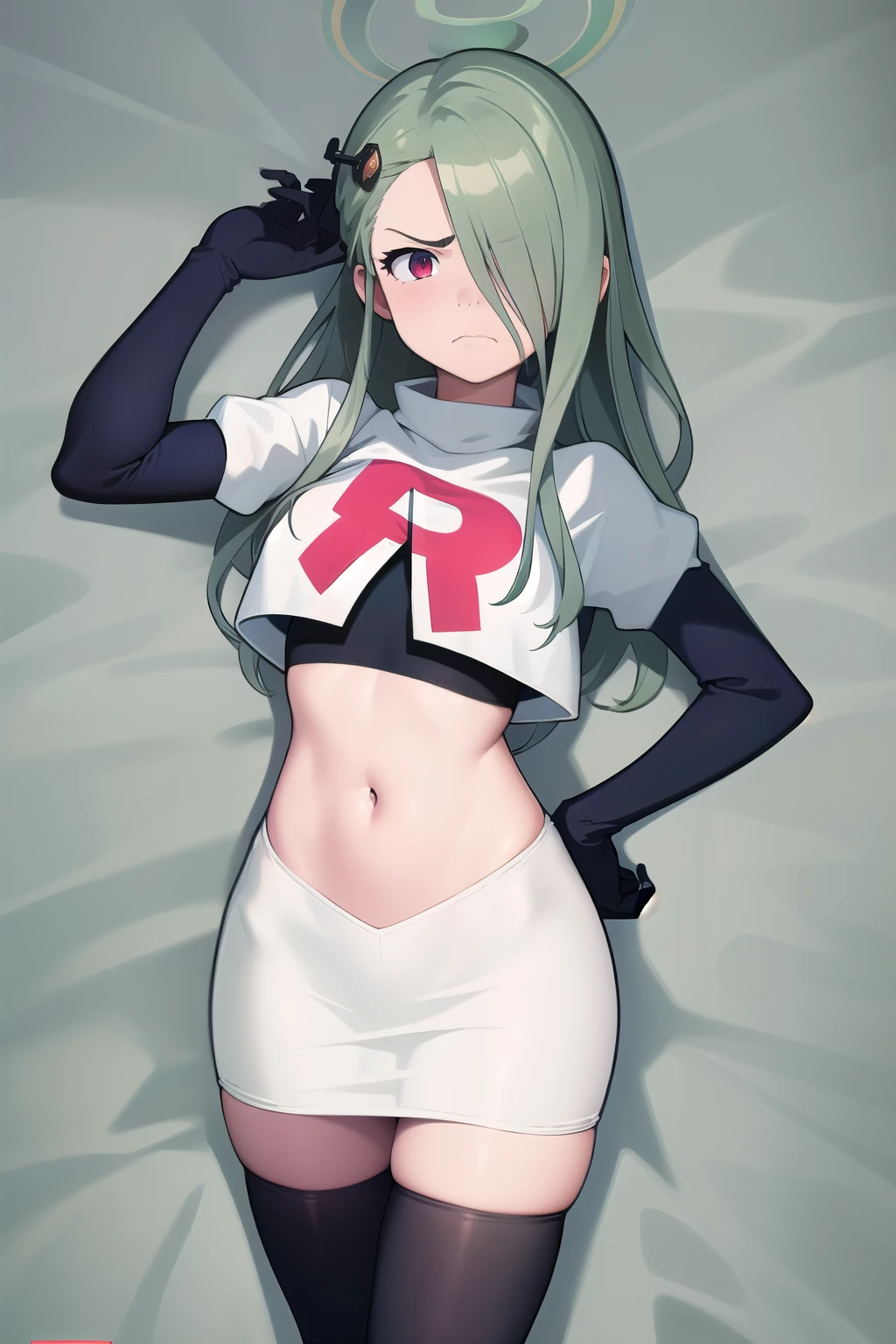 (masterpiece:1.3), (absurdres:1.3), (best quality:1.3), (ultra-detailed:1.3), 1girl, looking at viewer, minaid, halo, hair over one eyes, masterpiece, best quality, flayn, hair ornaments, furrowed brow, annoyed, team rocket,team rocket uniform,white skirt,red letter R,crop top,black thigh-highs,black elbow gloves