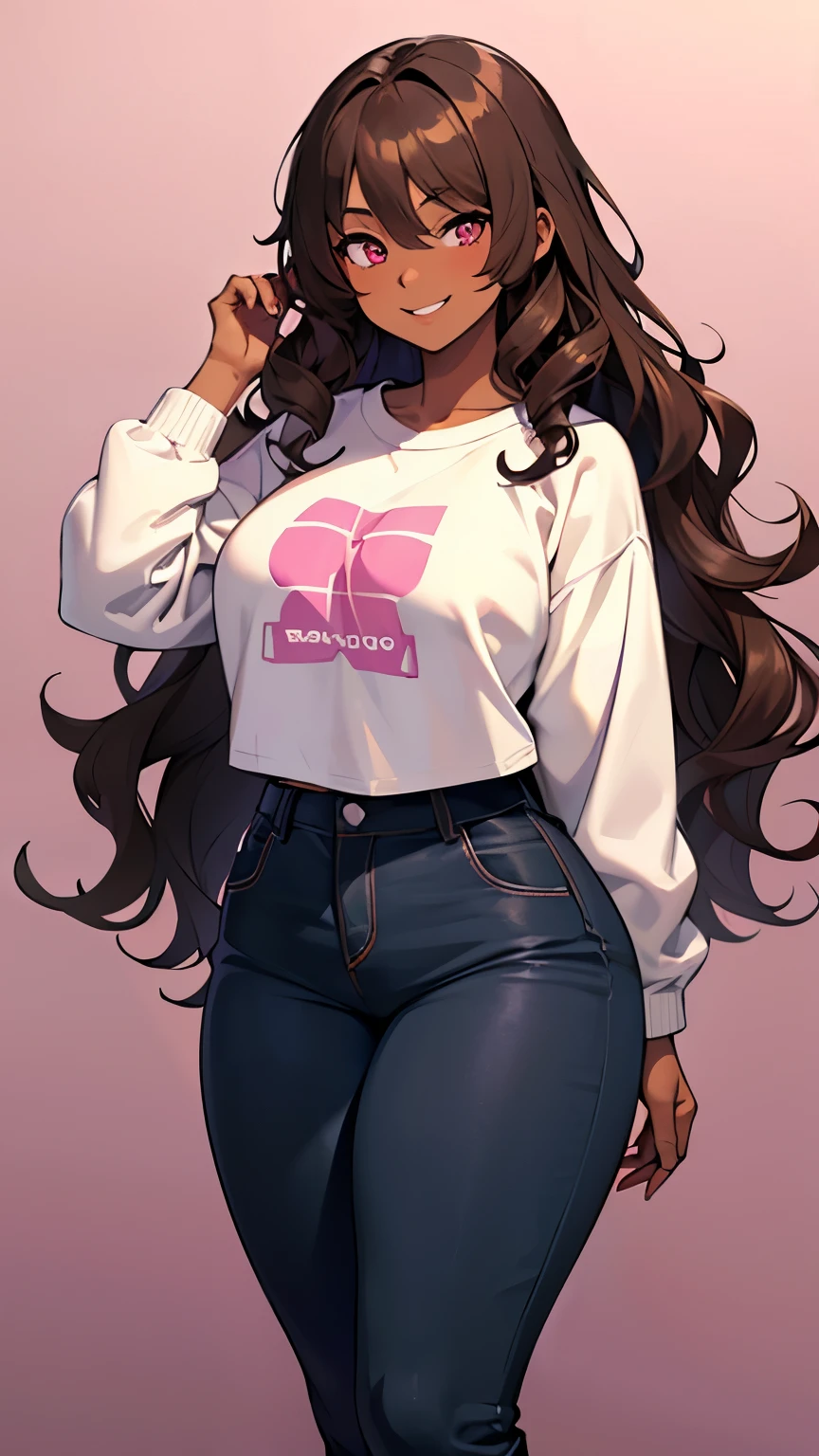 best quality, pastel colors, high details, solo girl, 1girl, 18s, anime girl, chubby body, dark skin, long curly hair, brown hair, pink eyes, oversize white sweatshirt, smiling, wide hips, ((wavy hair, long hair)),