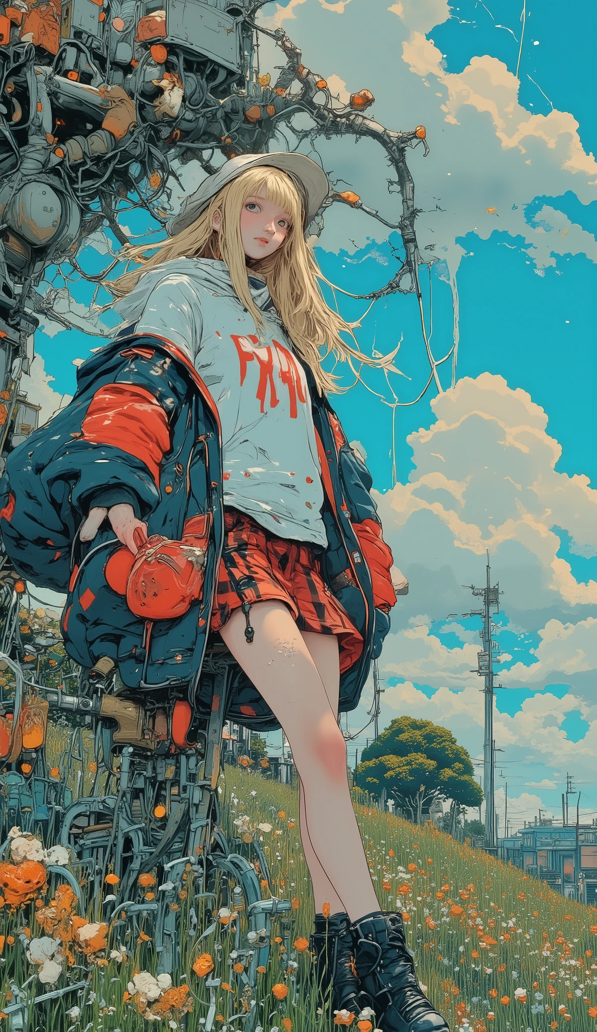  Anatomically correct  ,  Beautiful full body girl  ,  Sitting on a bicycle with baskets and a cat in it:1.5, ((Manga style:1.51)), Linear  ,   she is half profile   ,   red and black checkered miniskirt   ,   three-quarter fishnet stockings   , long black boots,   white sweatshirt with red letters   ,   fluttering in the wind   , red wool hat   ,    red and black jacket that falls on her shoulders    ,   field background at dusk   , flores , Going down a hill,   an anime drawing by Masamune Shirow   ,   dynamic and sensual pose   ,  trend in pixiv , Furry art, Danganronpa digital art,   anime style ,   anime style ”, Blonde anime girl with long hair ,   High Quality Anime Art Style  ,   ranked among the best in pixiv   ,   beautiful high school anime girl   , obra de arte de   anime style ,   anime illustration trend  