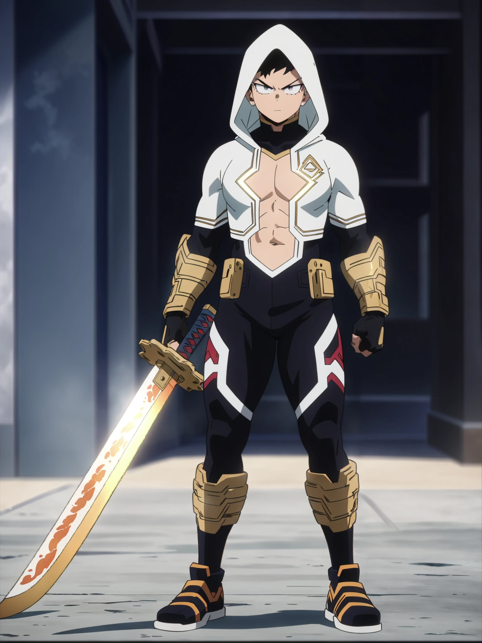 (masterpiece, best quality, anime, anime coloring:1.3). Full Body an Handsome Japanese hero. His suit should be gold and silver metallic micro scales textured ninja tight fit hooded spandex, . He should have a special white circle logo with " koi" design logo on his chest. Background should be white. Holding a magical katana sword,,Full body image should be generated. Fully Japanese look.
Daytime, detailed anime lighting, colorfull.
My Hero Academia character, MHA style, anime style, my hero academia, boku no hero academia, animated. Anime, Best Quality, Masterpiece, High Resolution, 4K, perfect body, perfect eyes, perfect eyes, Full Quality, colorfull, Looking at viewer, Anime, Anime Style, High Resolution.