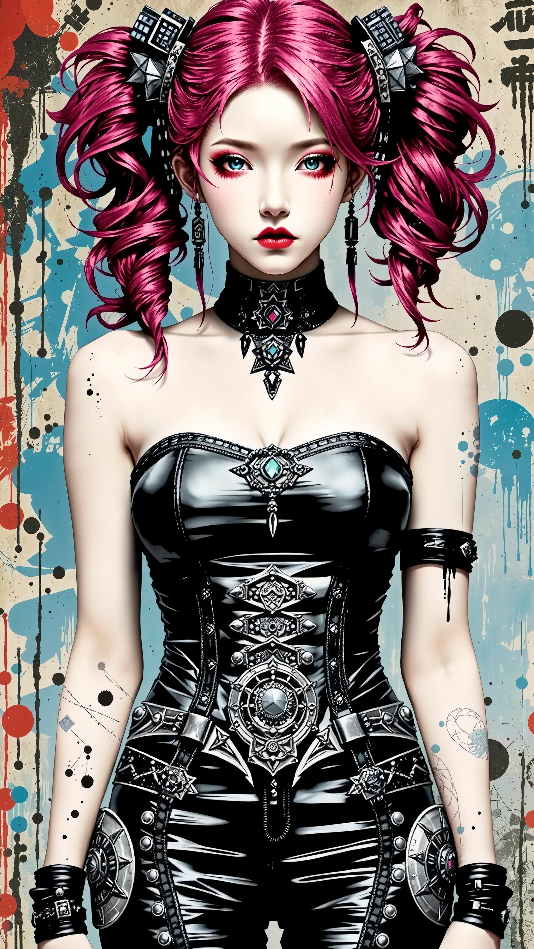 young korean girl, goth, very long curly red hair, twin tails, with gray eyes, she is wearing a tube top and panties, wears hair decoration, has big , she has pretty pink lips, shiny skin, jewelry, shiny skin, big breasts, cleavage, no background, blue background, red background, sexy, submissive, shy, heavy blushing, dynamic pose, sexy pose,