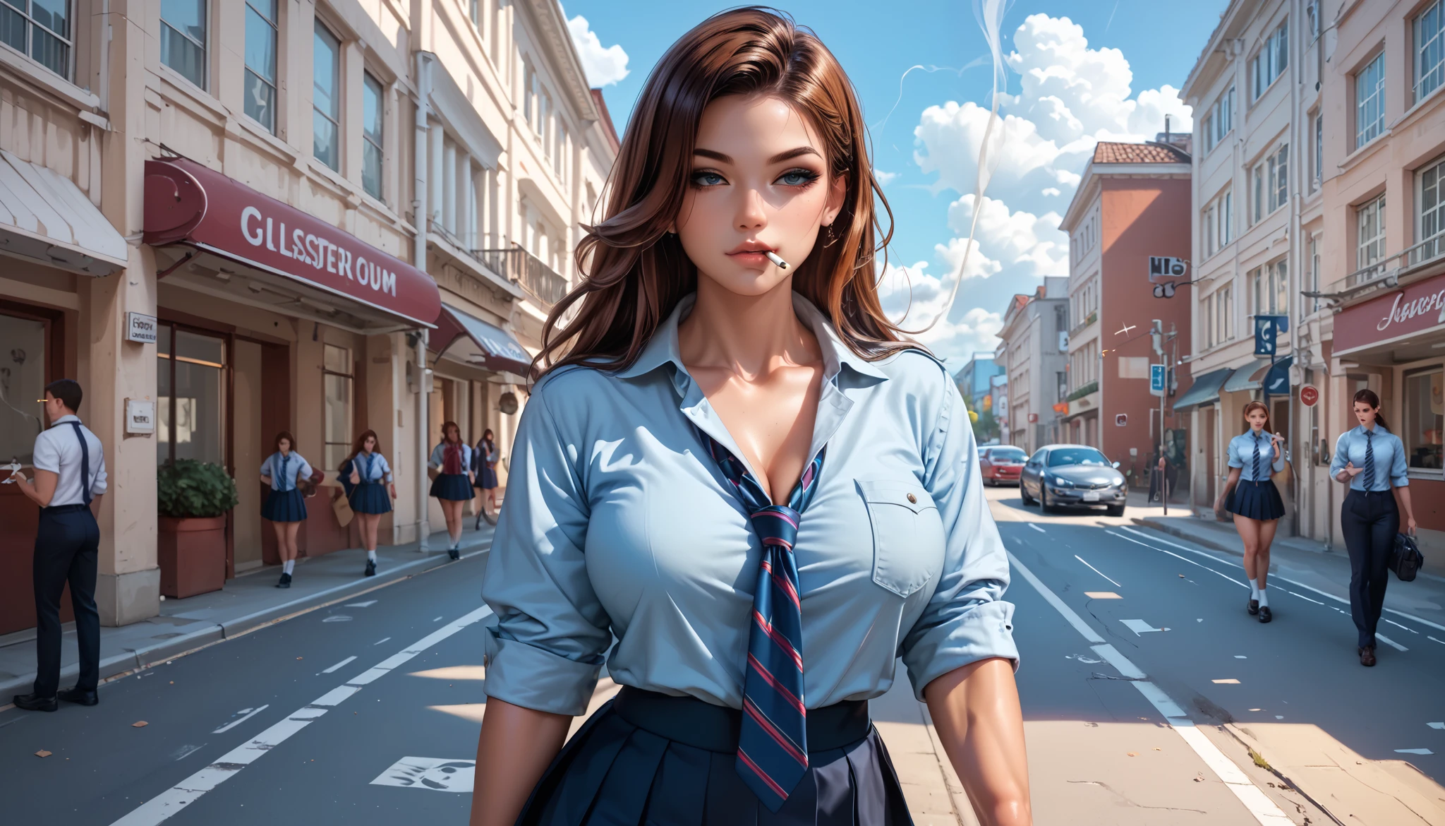 beautiful young girl in light blue shirt with rolled up sleeves walking and smoking on the shiny street, ((school uniform)), sassy, , muscular, ((blouse)), (light blue button down shirt), (collarbone), ((striped tie)), , (( pose)), short dark skirt, long brown hair, ((smoking)), smoke, bulging pocket, shiny street, JK