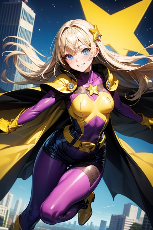 Captura de pantalla de My Hero Academia. Chica de ojos rasgados color miel, brown hair with blonde highlights, con un vestido rojo escotado, tight and short with black knee-high boots with a cheerful expression, recargada sobre un auto deportivo negro y de fondo una ciudad de noche