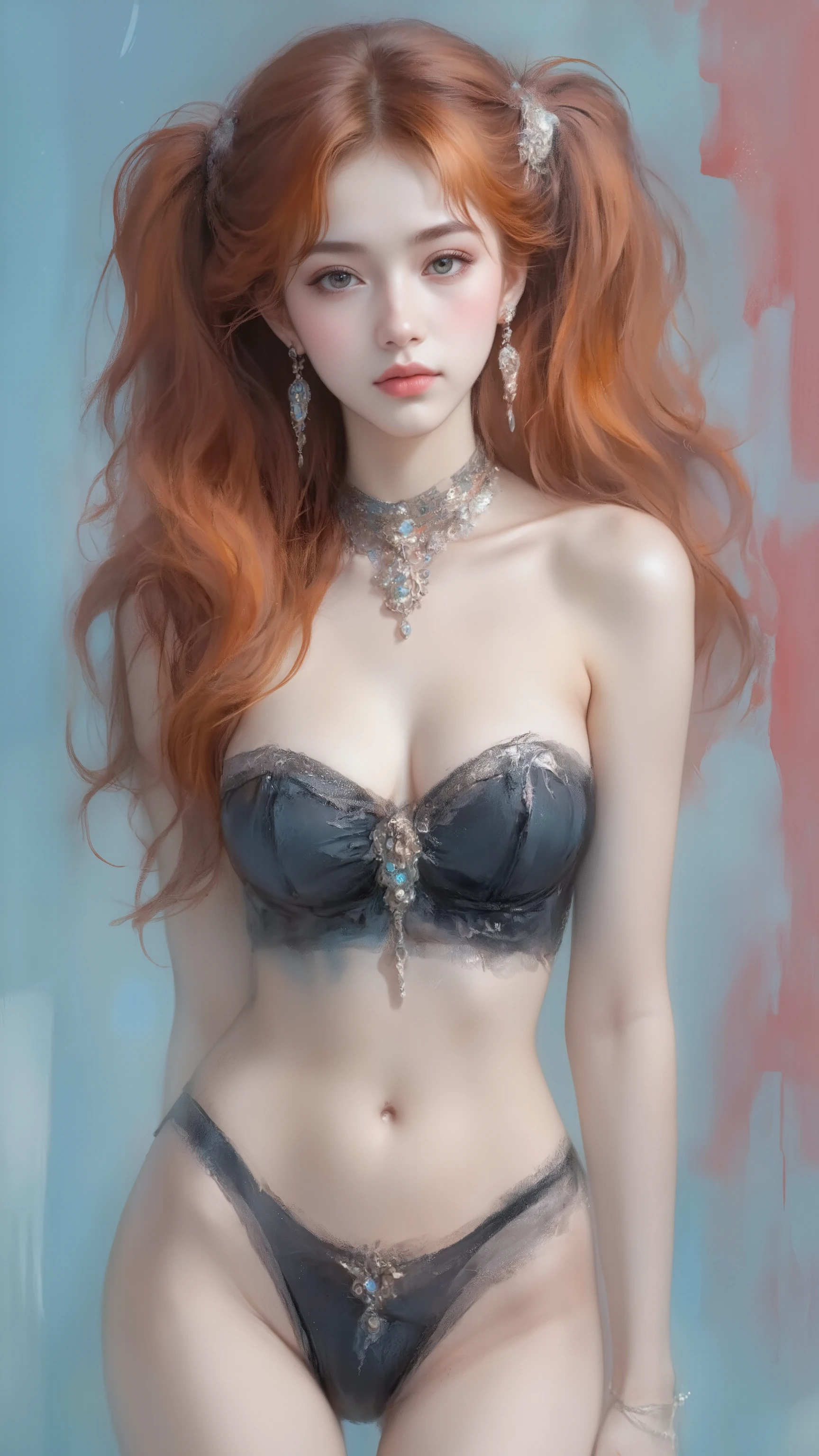 young korean girl, goth, very long curly red hair, twin tails, with gray eyes, she is wearing a tube top and panties, wears hair decoration, has big , she has pretty pink lips, shiny skin, jewelry, shiny skin, big breasts, cleavage, no background, blue background, red background, sexy, submissive, shy, heavy blushing, dynamic pose, sexy pose,