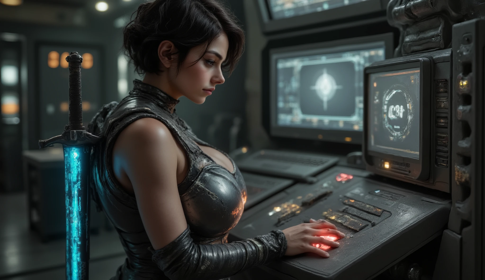 A tense, emotionally charged scene in the heart of a futuristic command center. The woman stands in front of a large console, her hand hovering over a glowing red button. The room around her is filled with holographic displays, alarms flashing, and machinery buzzing, but all she can focus on is the task at hand. Her face is set in a mask of determination, but her eyes reveal a deep sorrow, knowing what her decision will cost.

Her armor is worn and scorched from previous battles, but she stands firm, her short, messy hair slightly singed from the heat of the room. The glowing blue sword is at her back, now sheathed, as she prepares for her final act. Her posture is resolute, yet there’s a quiet vulnerability in the way she holds herself.

In the background, a countdown timer flickers on one of the screens, its numbers rapidly ticking down to zero. The light from the console casts a cold glow on her face, highlighting the conflict within her—she is about to make the ultimate sacrifice to save the future, but the burden weighs heavily on her.

The setting is dark, almost claustrophobic, with the only light coming from the console and her sword. The atmosphere is thick with tension and finality, underscoring the gravity of the moment. The scene is a visual representation of the painful decision to sacrifice herself for the greater good.