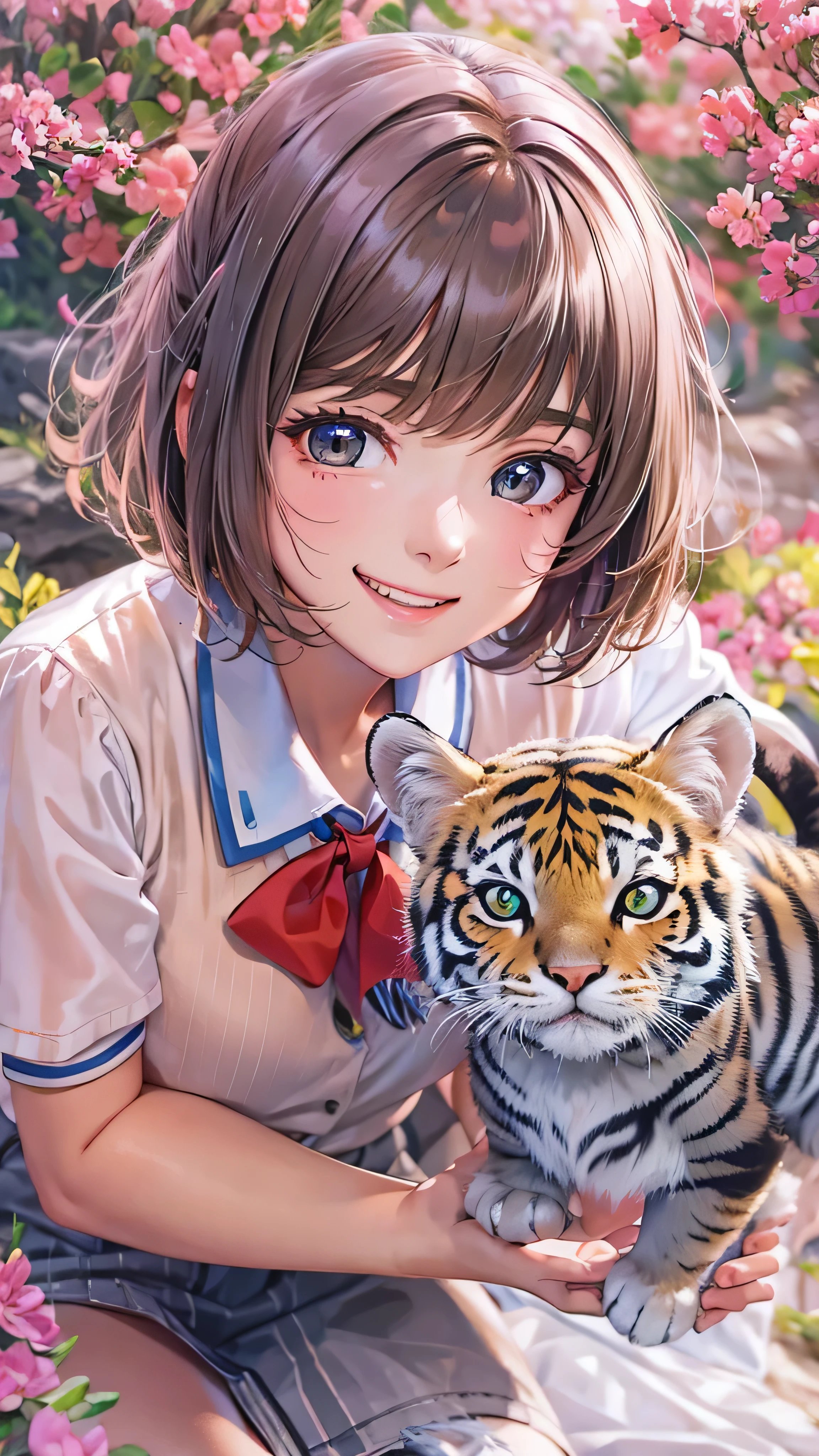 Tip: A very charming boy with a backpack and her cute tiger enjoying a lovely spring outing surrounded by beautiful pink flowers and nature. The illustration is a high-definition illustration in 4k resolution, featuring highly detailed facial features and cartoon-style visuals.