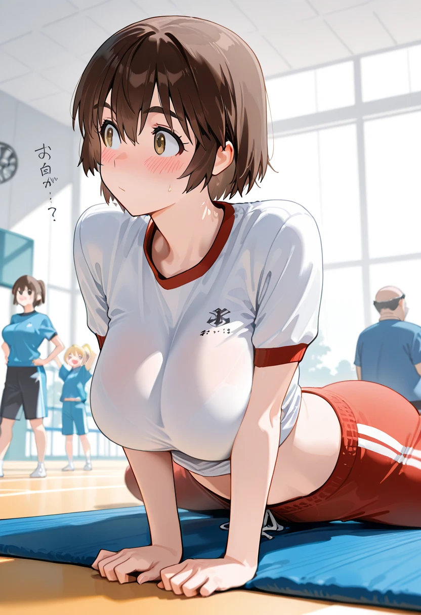 Young girl training in the gym, she is sweating, short red hair and blue eyes, big breasts, embarrassed face, upper-half body, getting hugged from behind by an unknown woman, the unknown woman has her hands touch the other woman's breasts