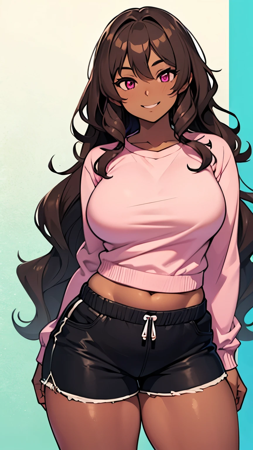 best quality, pastel colors, high details, solo girl, 1girl, 18s, anime girl, chubby body, dark skin, long curly hair, brown hair, pink eyes, white sweatshirt, smiling, wide hips, ((wavy hair, long hair)), black shorts, plus size body