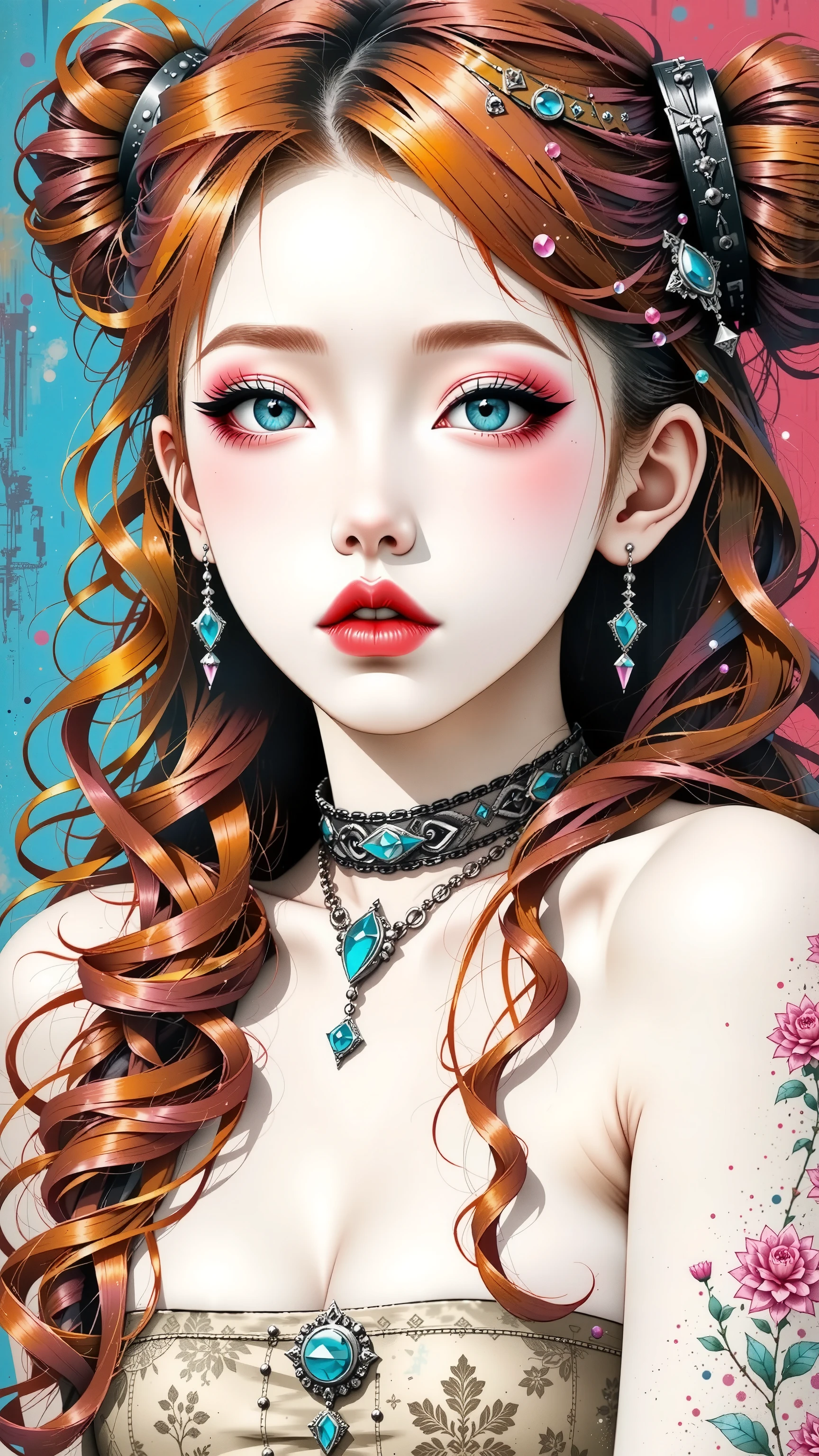 young korean girl, goth, very long curly red hair, twin tails, with gray eyes, she is wearing a tube top and panties, wears hair decoration, has big , she has pretty pink lips, shiny skin, jewelry, shiny skin, big breasts, cleavage, no background, blue background, red background, sexy, submissive, shy, heavy blushing, dynamic pose, sexy pose,