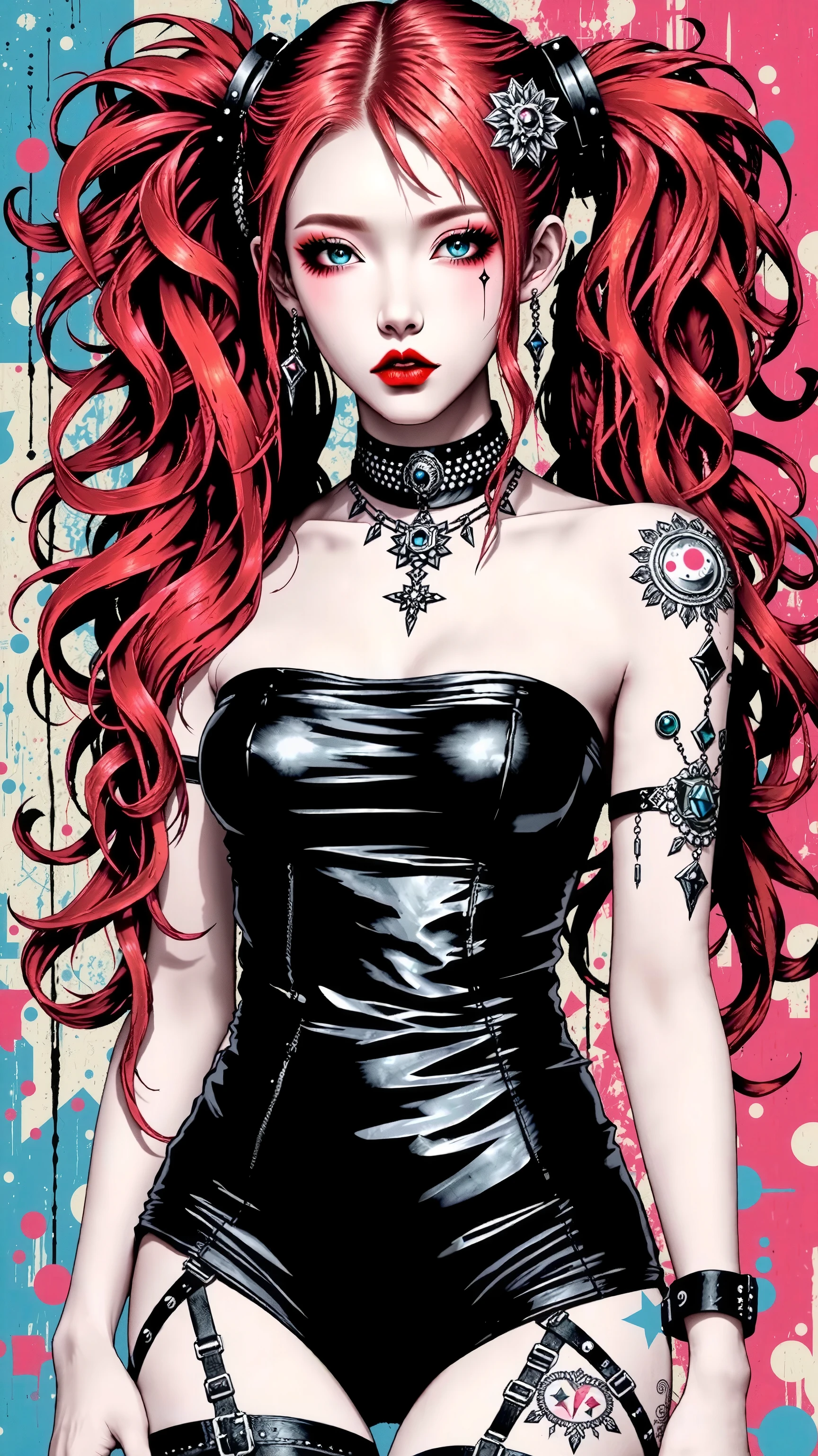 young korean girl, goth, very long curly red hair, twin tails, with gray eyes, she is wearing a tube top and panties, wears hair decoration, has big , she has pretty pink lips, shiny skin, jewelry, shiny skin, big breasts, cleavage, no background, blue background, red background, sexy, submissive, shy, heavy blushing, dynamic pose, sexy pose,