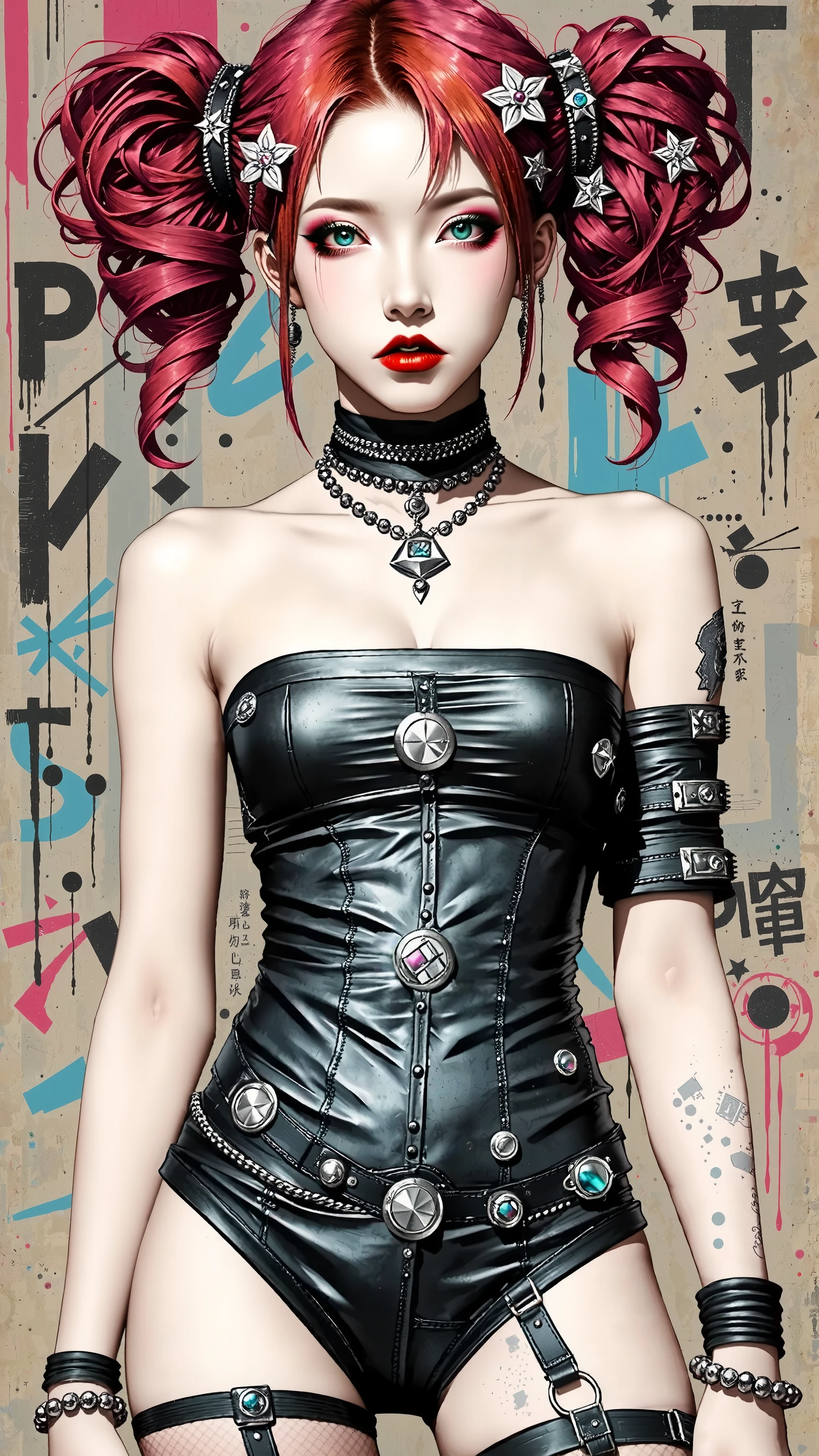 young korean girl, goth, very long curly red hair, twin tails, with gray eyes, she is wearing a tube top and panties, wears hair decoration, has big , she has pretty pink lips, shiny skin, jewelry, shiny skin, big breasts, cleavage, no background, blue background, red background, sexy, submissive, shy, heavy blushing, dynamic pose, sexy pose,