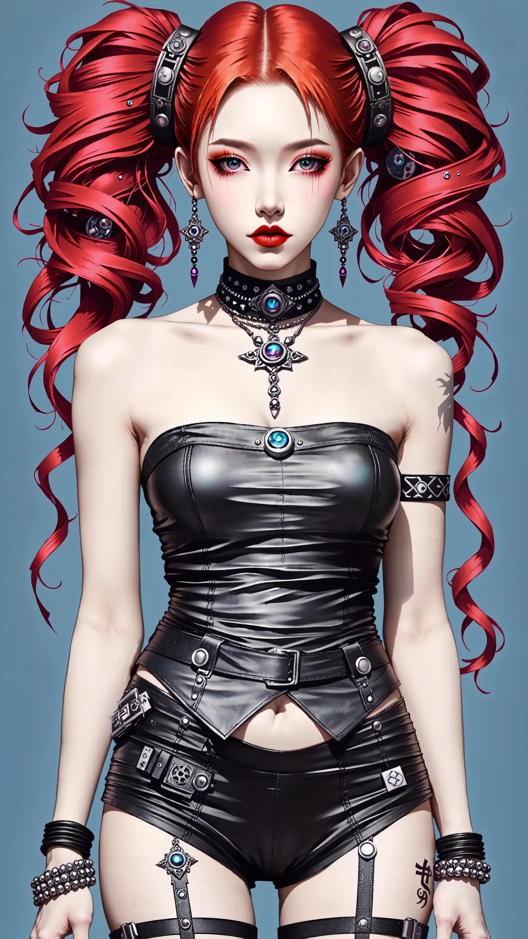 young korean girl, goth, very long curly red hair, twin tails, with gray eyes, she is wearing a tube top and panties, wears hair decoration, has big , she has pretty pink lips, shiny skin, jewelry, shiny skin, big breasts, cleavage, no background, blue background, red background, sexy, submissive, shy, heavy blushing, dynamic pose, sexy pose,