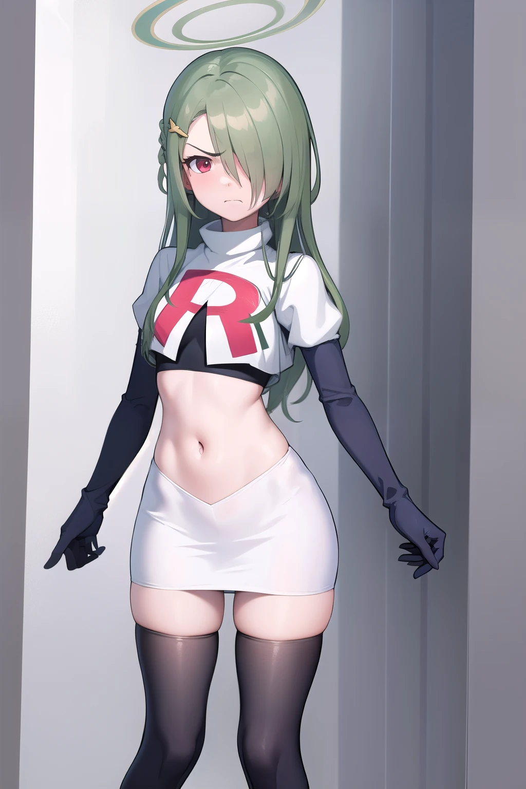 (masterpiece:1.3), (absurdres:1.3), (best quality:1.3), (ultra-detailed:1.3), 1girl, looking at viewer, minaid, halo, hair over one eyes, masterpiece, best quality, flayn, hair ornaments, furrowed brow, annoyed, team rocket,team rocket uniform,white skirt,red letter R,crop top,black thigh-highs,black elbow gloves