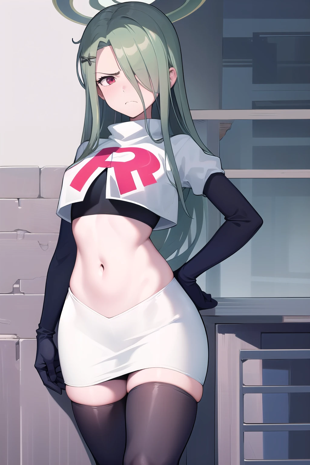 (masterpiece:1.3), (absurdres:1.3), (best quality:1.3), (ultra-detailed:1.3), 1girl, looking at viewer, minaid, halo, hair over one eyes, masterpiece, best quality, flayn, hair ornaments, furrowed brow, annoyed, team rocket,team rocket uniform,white skirt,red letter R,crop top,black thigh-highs,black elbow gloves