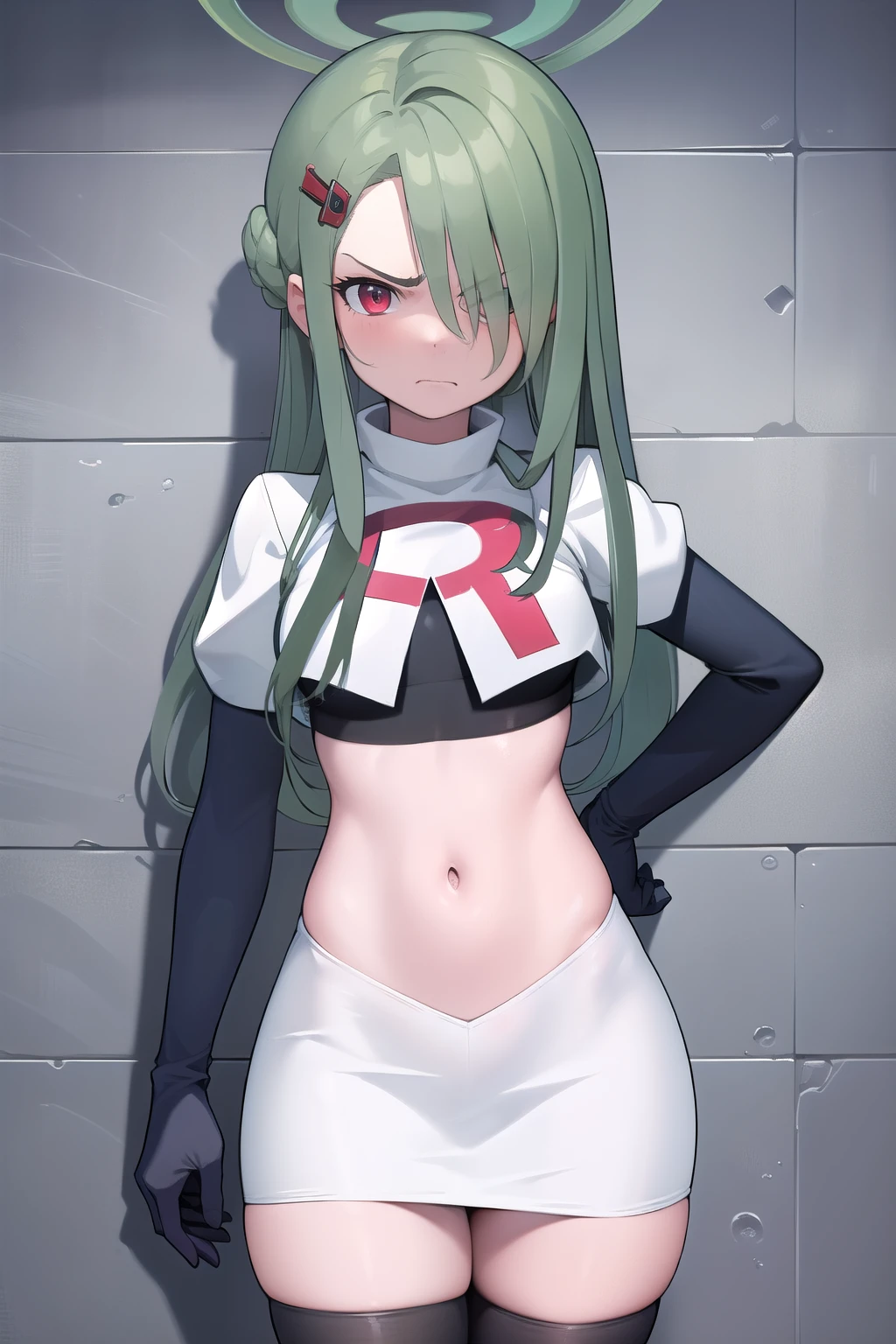 (masterpiece:1.3), (absurdres:1.3), (best quality:1.3), (ultra-detailed:1.3), 1girl, looking at viewer, minaid, halo, hair over one eyes, masterpiece, best quality, flayn, hair ornaments, furrowed brow, annoyed, team rocket,team rocket uniform,white skirt,red letter R,crop top,black thigh-highs,black elbow gloves