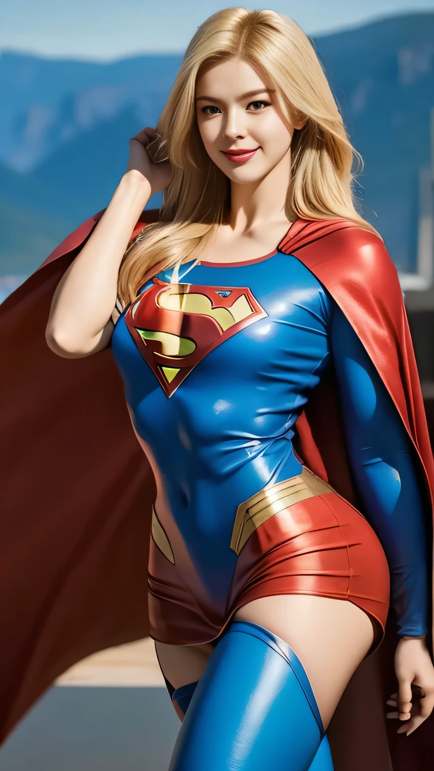 Supergirl , 18 anos, Mulher bonita cabelo curto loiro,corpo definido, seios grandes, seios grandes, seios grandes,batom vermelho, levemente sorrindo,hands free,desfilando, vestindo Corselet azul com liga cosplay Supergirl, calcinha vermelha fio dental , meia 7/8 cor bege transparente,sem capa, clube de strip, poste de pole dance, wearing superman's S symbol on his chest. Cabelo loiro curto. Clube de strip e sensual.