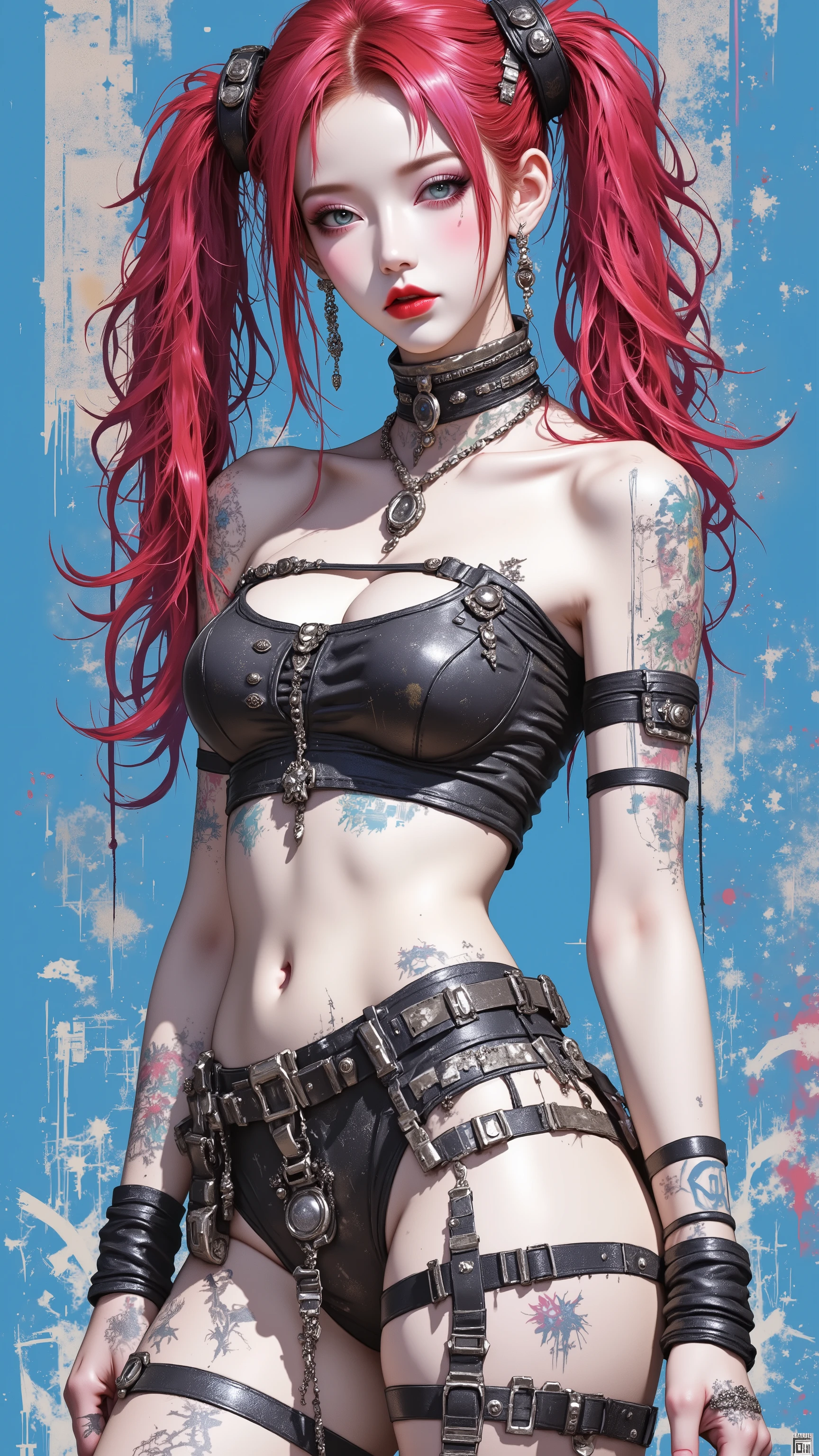 young korean girl, goth, very long curly red hair, twin tails, with gray eyes, she is wearing a tube top and panties, wears hair decoration, has big , she has pretty pink lips, shiny skin, jewelry, shiny skin, big breasts, cleavage, no background, blue background, red background, sexy, submissive, shy, heavy blushing, dynamic pose, sexy pose,
