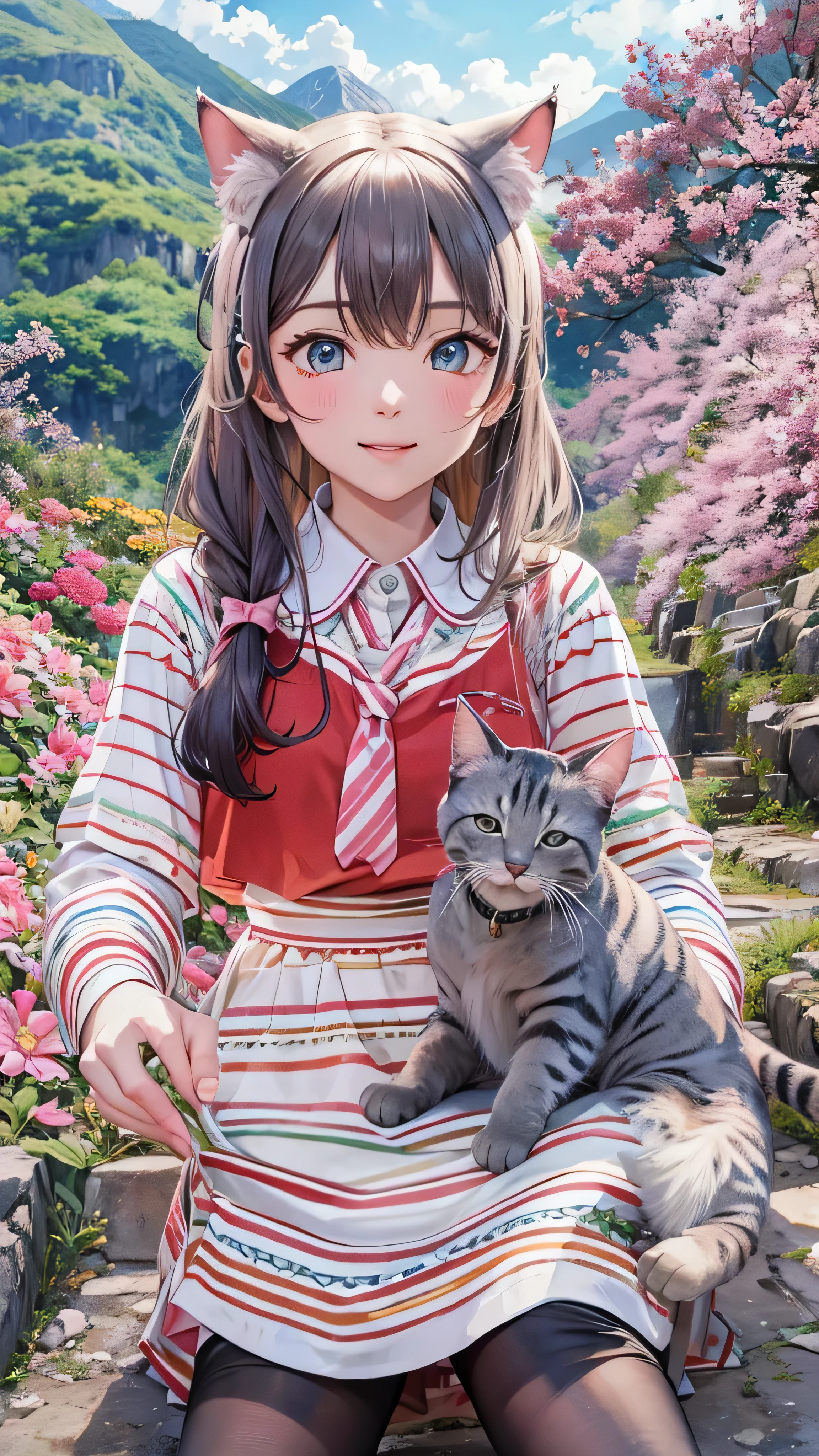 (Masterpiece, best quality ,  Details), Alone,  Hiking Trails , Journey with striped cats, Aside, cat o nature, a girl and a cat , sakurajima mai,  red tie,  pink shirt,  BLUE SKIRT, 顔の Details,  hair clips, cat fur decoration ,  A girl with a cat smiles and looks at the camera。
