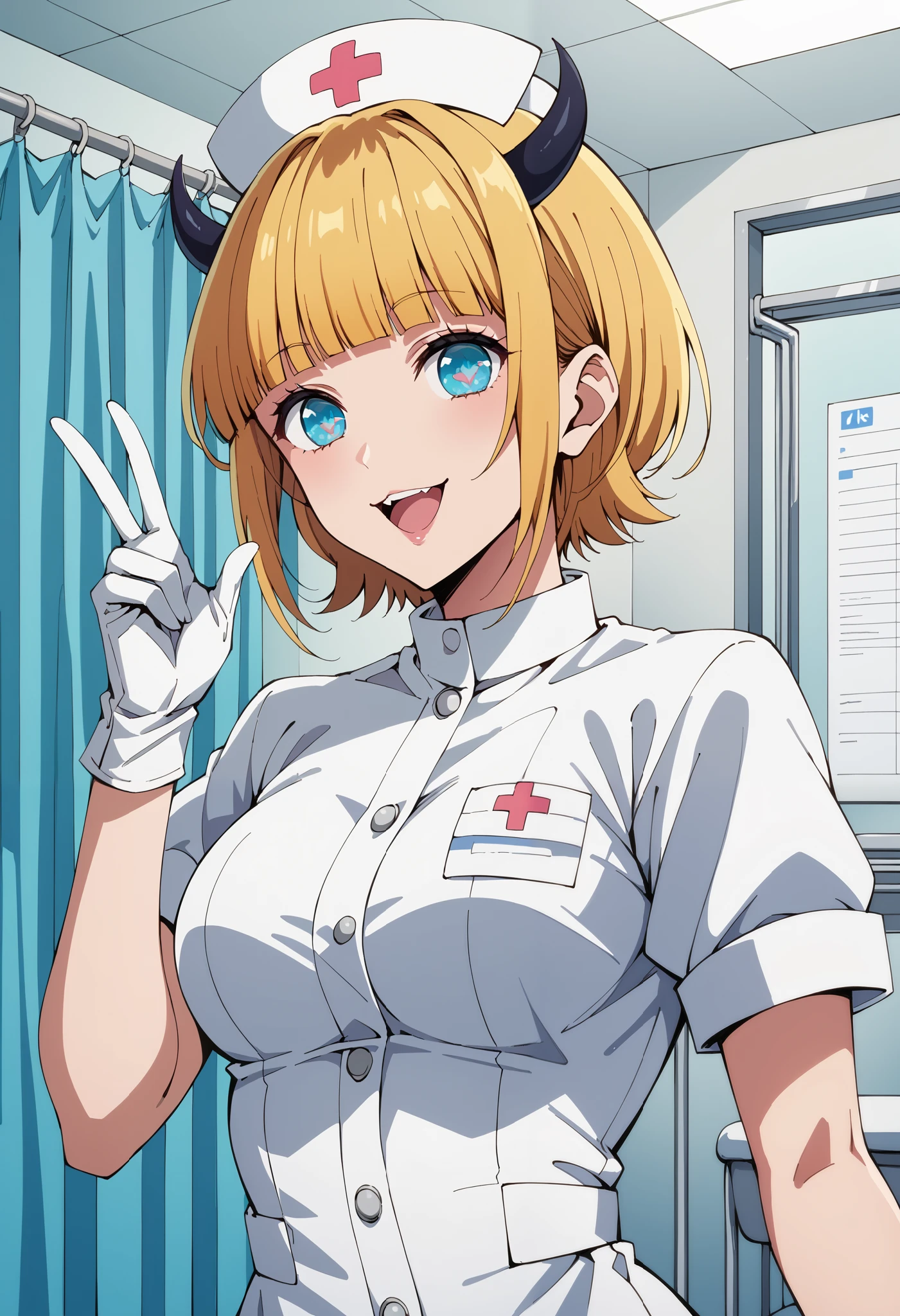 Score_9, score_8_up, score_7_up, source_anime, memcho, blonde hair, blue eyes, blunt bangs, demon horns, fake horns, horns, short hair, (best quality), (high quality), {masterpiece}, extremely delicate and beautiful, ultra-detailed, beautiful detailed eyes, nurse, nurse hat, ((white nurse's outfit)), white gloves, white legwear, zettai ryouiki, hospital room, smile, :3, open mouth, standing