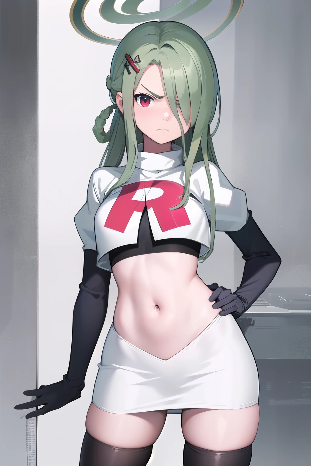 (masterpiece:1.3), (absurdres:1.3), (best quality:1.3), (ultra-detailed:1.3), 1girl, looking at viewer, minaid, halo, hair over one eyes, masterpiece, best quality, flayn, hair ornaments, furrowed brow, annoyed, team rocket,team rocket uniform,white skirt,red letter R,crop top,black thigh-highs,black elbow gloves